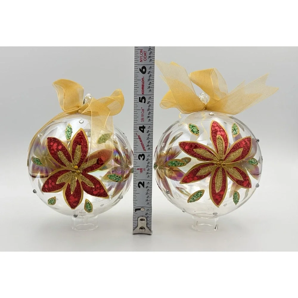 Dillards Trimmings Blown Glass Christmas Ornaments Set 2 Red Poinsettia Gold VTG